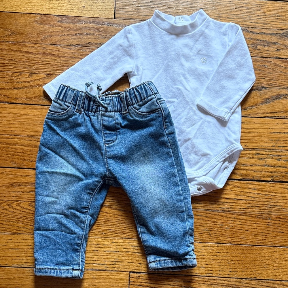 Mayoral White Onesie and Denim Jeans Set 2-4 months